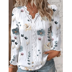 Camisa com decote em v manga comprida estampado floral feminino, top oco, casual, elegante, plus size, NEVE-BRANCO