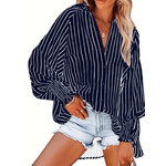 Camisa de manga comprida Azul marinho listrada com decote em v para mulheres, moda casual, camisa respirável, botão plus size, 