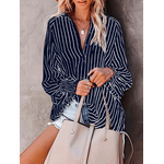 Camisa de manga comprida Azul marinho listrada com decote em v para mulheres, moda casual, camisa respirável, botão plus size, 