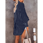 Camisa de manga comprida Azul marinho listrada com decote em v para mulheres, moda casual, camisa respirável, botão plus size, 