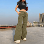 Calça Bolso feminino Verde exército casual pant vintage moda auto cultivo cintura baixa reta cordão calças simples casual carga calças