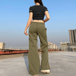 Calça Bolso feminino Verde exército casual pant vintage moda auto cultivo cintura baixa reta cordão calças simples casual carga calças