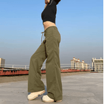 Calça Bolso feminino Verde exército casual pant vintage moda auto cultivo cintura baixa reta cordão calças simples casual carga calças
