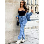 calça jeans reta Azul, casual multi bolso cargo
