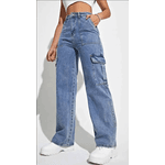 calça jeans reta Azul, casual multi bolso cargo