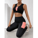 Conjunto Fitness Feminino Academia, 2 Peças, Top Feminino, Calça Legging,Preto com detalhe Laranja