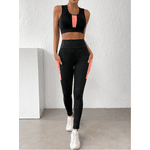 Conjunto Fitness Feminino Academia, 2 Peças, Top Feminino, Calça Legging,Preto com detalhe Laranja