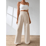 Calça Pantalona Cós Elástico, Elegante e Sofisticada, Modelagem Boca de Sino, Cintura Alta, Alfaiataria, bege