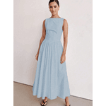 Vestido Longo Feminino, Vestido Sem Mangas, Decote Redondo, Cintura Alta, Azul bebê