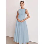 Vestido Longo Feminino, Vestido Sem Mangas, Decote Redondo, Cintura Alta, Azul bebê