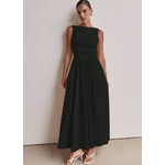 Vestido Longo Feminino, Vestido Sem Mangas, Decote Redondo, Cintura Alta, Preto