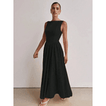 Vestido Longo Feminino, Vestido Sem Mangas, Decote Redondo, Cintura Alta, Preto