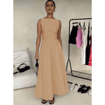 Vestido Longo Feminino, Vestido Sem Mangas, Decote Redondo, Cintura Alta, Bege