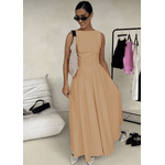 Vestido Longo Feminino, Vestido Sem Mangas, Decote Redondo, Cintura Alta, Bege