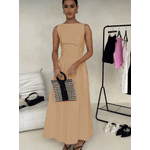 Vestido Longo Feminino, Vestido Sem Mangas, Decote Redondo, Cintura Alta, Bege