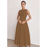 Vestido Longo Feminino, Vestido Sem Mangas, Decote Redondo, Cintura Alta, CASTANHO