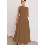 Vestido Longo Feminino, Vestido Sem Mangas, Decote Redondo, Cintura Alta, CASTANHO