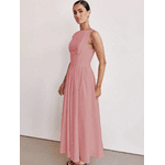 Vestido Longo Feminino, Vestido Sem Mangas, Decote Redondo, Cintura Alta, Rosa Bebê