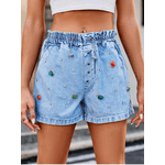 Short Feminino Jeans , Azul,Cintura Alta, Cintura Elastica, Com Pedraria, Social, Casual, Moderna, Elegante, Short Feminino Alfaiataria, Cintura Alta, Soltinho, 