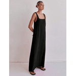 Vestido longo listrado feminino com decote quadrada Preto