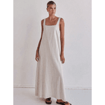 Vestido longo listrado feminino com decote quadrada Branco