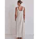Vestido longo listrado feminino com decote quadrada Branco