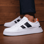Tênis Masculino Couro Branco Tricolor Duas Listras 