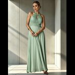 Vestido Longo Gola Americana Com Renda E Chiffon – Elegância Absoluta Para Festas E Casamentos Verde Menta