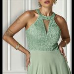 Vestido Longo Gola Americana Com Renda E Chiffon – Elegância Absoluta Para Festas E Casamentos Verde Menta