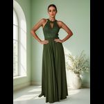 Vestido Longo Gola Americana Com Renda E Chiffon – Elegância Absoluta Para Festas E Casamentos Verde Oliva