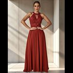 Vestido Longo Gola Americana Com Renda E Chiffon – Elegância Absoluta Para Festas E Casamentos Terracota