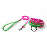 Coleira Poderosso Personalizada E Guia Longa 1,80m Rosa E Verde Flúor