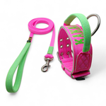 Coleira Poderosso Personalizada E Guia Longa 1,80m Rosa E Verde Flúor