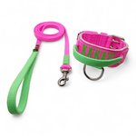 Coleira Poderosso Personalizada E Guia Longa 1,80m Rosa E Verde Flúor