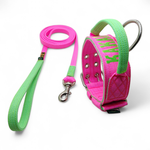 Coleira Poderosso Personalizada E Guia Longa 1,80m Rosa E Verde Flúor