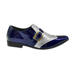 Sapato Masculino Italiano Em Couro Azul c/ Gliter Prata Ref: 502 -Outlet 