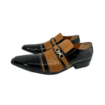 Sapato Masculino Italiano Couro Preto Pesponto Amarelo com Fivela Ref: 974