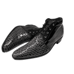 Bota Masculina Em Couro Cinza Escamado Com Preto Verniz