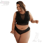 Conjunto Plus size Premium Cropped De Renda Preto Com Caleçon Renda e Tule 250.18