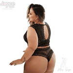 Conjunto Plus size Premium Cropped De Renda Preto Com Caleçon Renda e Tule 250.18