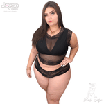 Conjunto Plus size Premium Cropped De Renda Preto Com Caleçon Renda e Tule 250.18