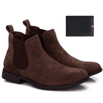 Botina Chelsea Masculina Couro Legítimo Nobuck + Carteira - Café