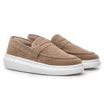 Mocassim Masculino Sola Alta Loafer Derby em Camurça - Bege