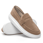 Mocassim Masculino Sola Alta Loafer Derby em Camurça - Bege