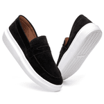 Mocassim Masculino Sola Alta Loafer Derby em Camurça - Preto/Branco