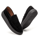 Mocassim Masculino Sola Alta Loafer Derby em Camurça - Preto/Preto