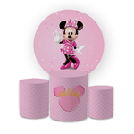 Kit Capa Painel Redondo + Trio Cilindros Decoração Aniversário Minnie Rosa 