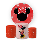 Kit Capa Painel Redondo + Trio Cilindros Decoração Aniversário Minnie Vermelha