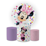 Kit Capa Painel Redondo + Trio Cilindros Decoração Aniversário Minnie Rosa