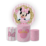 Kit Capa Painel Redondo + Trio Cilindros Decoração Aniversário Minnie Rosa